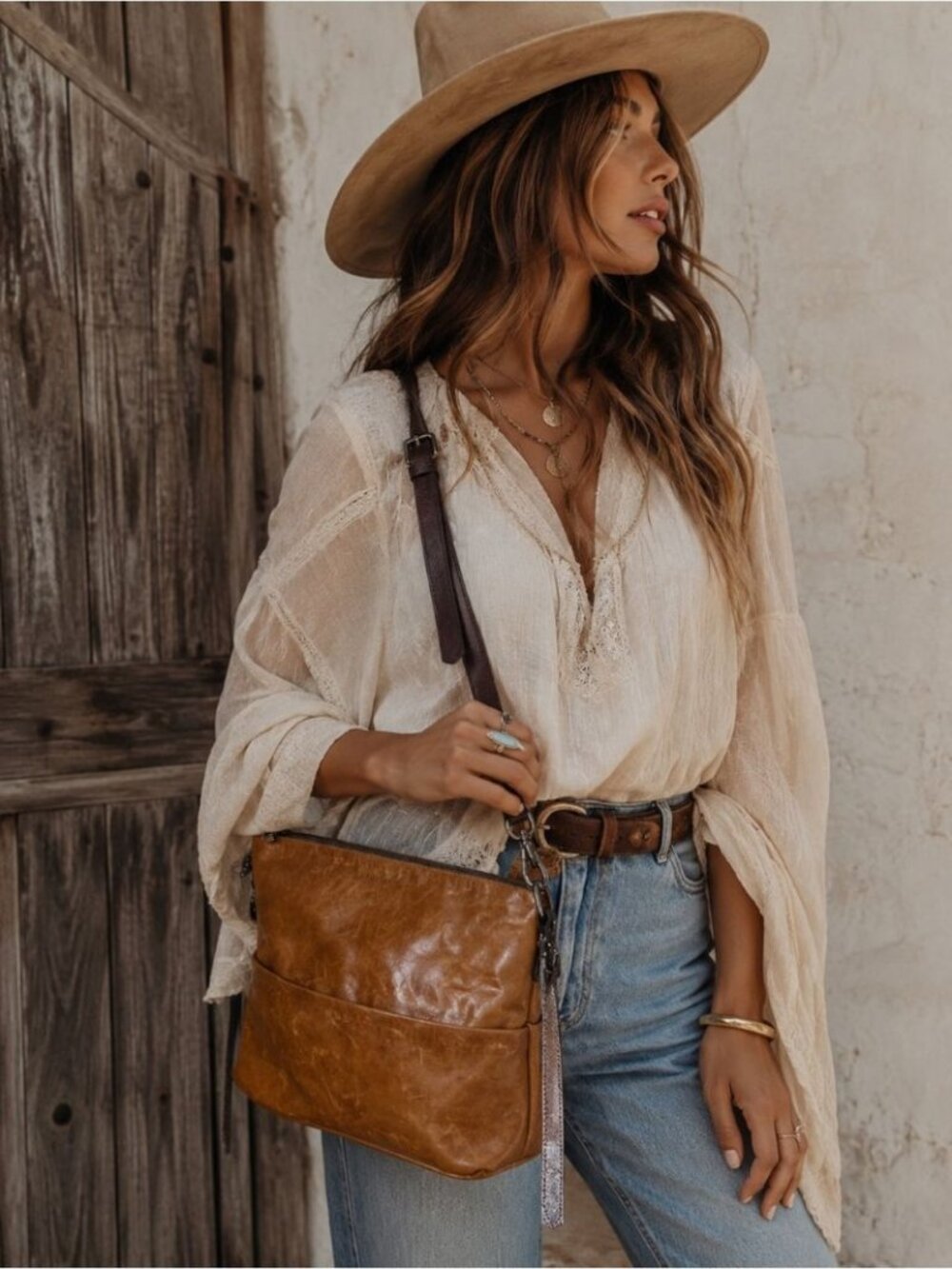 Rudsak Leather Crossbody Bag Cognac Brown Minimalist Boho Chic Tote Western